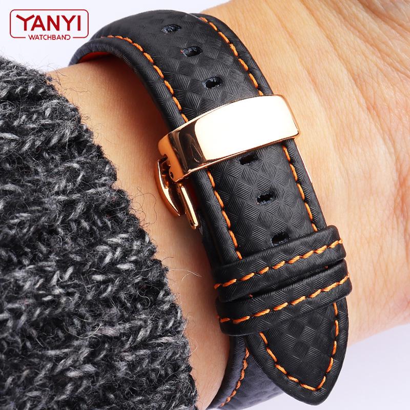 Genuine Leather Bracelet Carbon Fiber Grain Watchband Red Stitching 18mm 20mm 22mm Watch Band Strap Accessories Butterfly Buckle