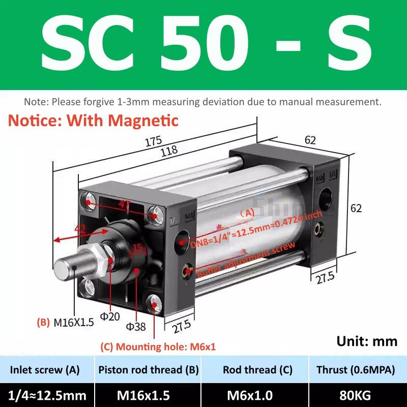 SC Standard Air Cylinder SC32/40/50/63mm Bore Small With Magnetic Pneumatic Cylinder Piston 25/50/75/100/150/200/250mm Stroke