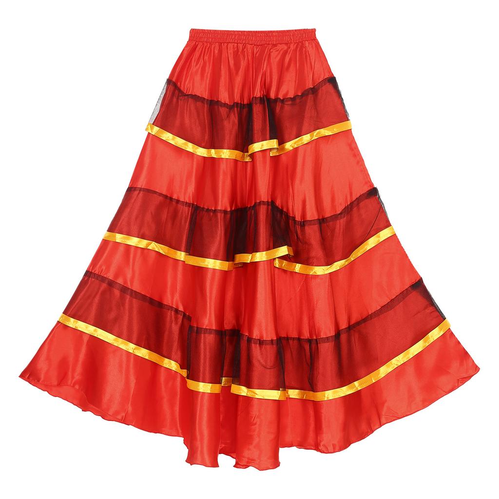 Womens Flamenco Dance Skirt Tiered Ruffles Wide Hemline Ballroom Dancing Skirt Carnival Stage Performance Costume