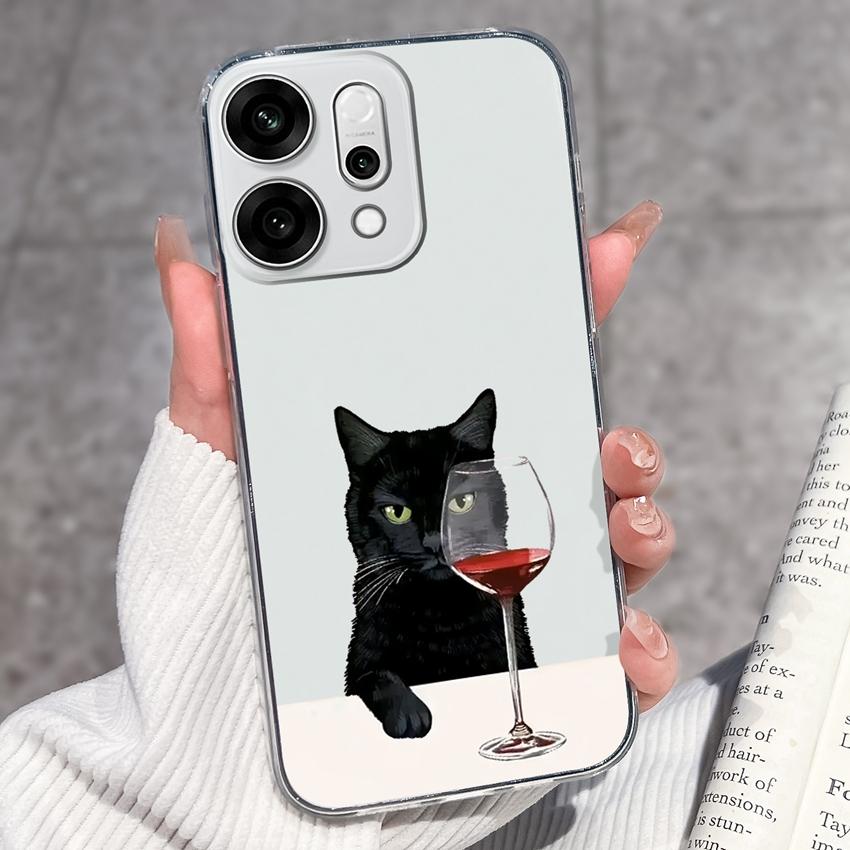 Прозрачный противоударный чехол для телефона для Oppo Reno14 13 12 11 10 9 Pro 14F 13F 12F 4G 5G Смешные узоры черного кота Мягкий силиконовый противоскользящий чехол для Oppo Чехлы