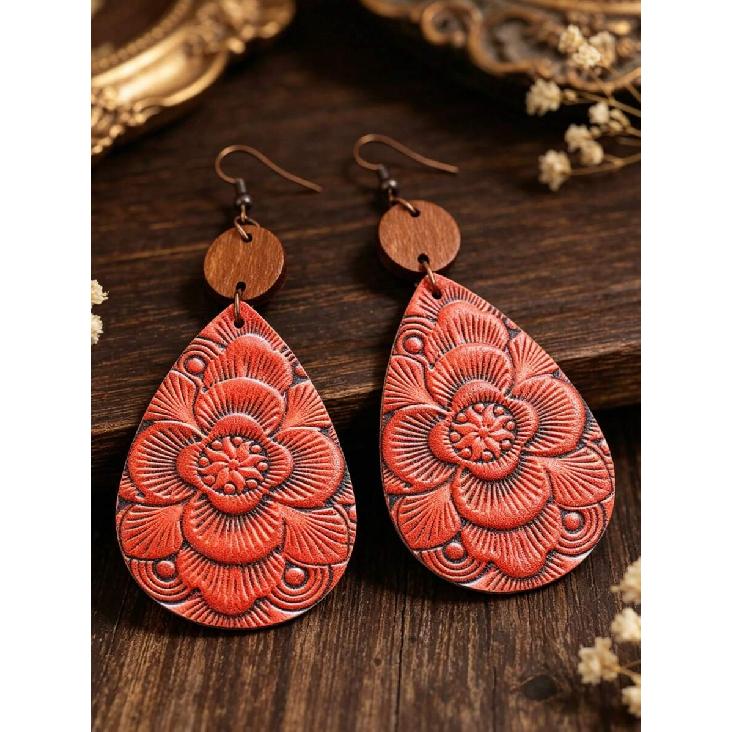 1 Pair New Vintage Carved Flower Teardrop PU Leather Women's Earrings