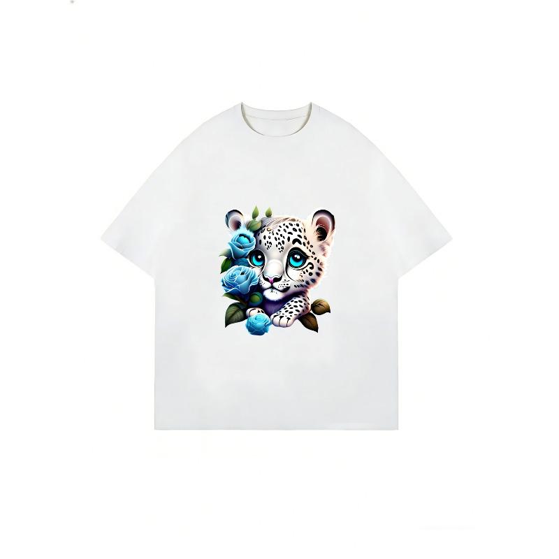 Милый Леопардовый Малыш с Синими Розами Белая Футболка для Женщин Повседневная Летняя Одежда