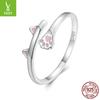 Cute S925 Silver Cat Open Ring, Pink Girl Heart Paw Print Ring Hand Jewelry Bsr316