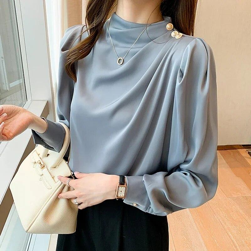 Elegant Long Sleeve Womens Shirts Fashion Chiffon Blouse Women Autumn Bottoming Woman Tops Female Clothing 30128