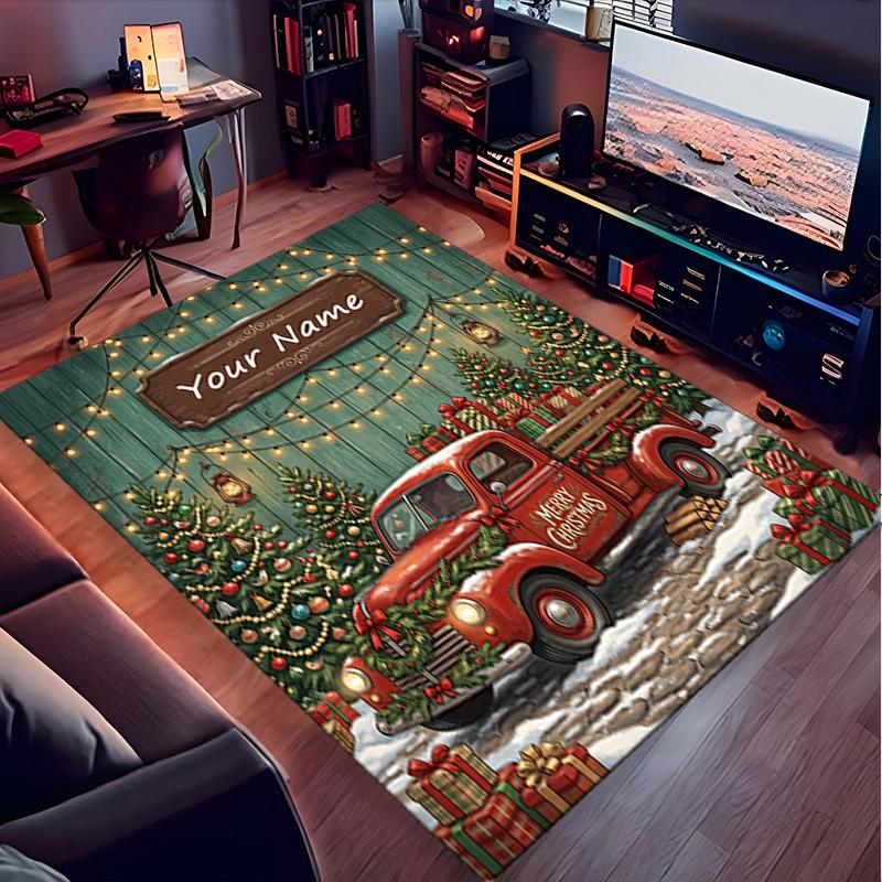 1PC Custom Name Christmas Truck Lights Theme Floor Mat Ideal for Living Room, Game Rooms, Office, Bedroom,Floor Mat Playful Design