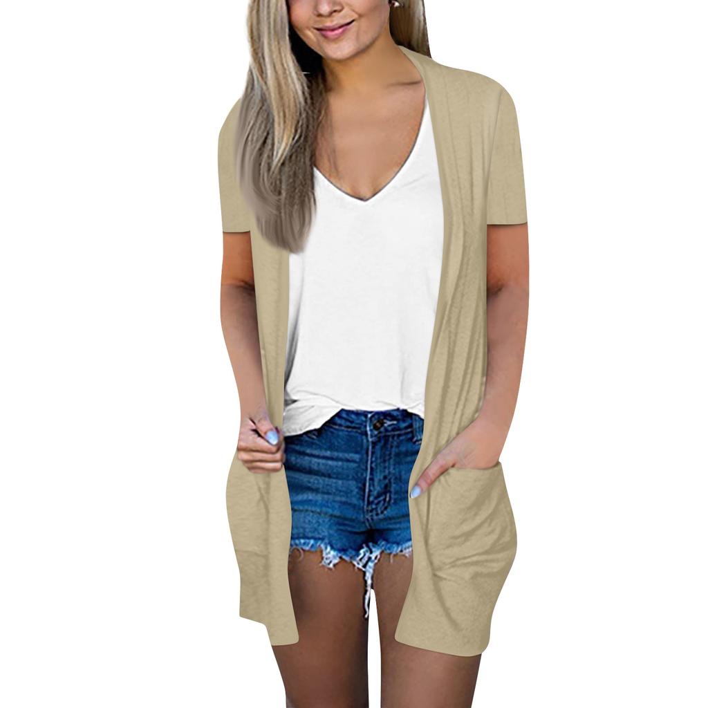 Women's Fashion Loose Casual Pocket Solid Color Cardigan Short Sleeve Jacket Top