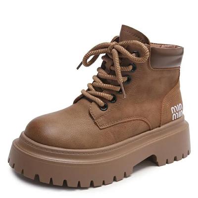 Модные 6 см Женские Ботильоны на Толстом Каблуке на Шнуровке Черные Массивные Ботинки Новые 2024 Зимние Кожаные Ботинки Женские Ботинки на Платформе Панк Обувь Высокий Каблук