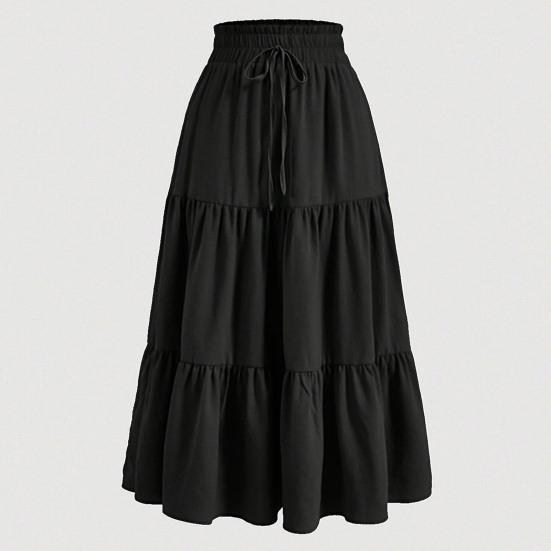 Bohemian Style Women Skirt Elastic High Waist Adjustable Drawstring Cake Skirt Solid Color A-Line Summer Skirt
