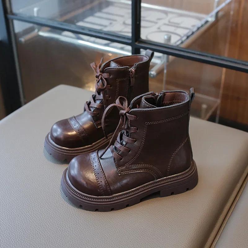 Детские ботильоны на платформе, простые пэчворк, кожаные ботинки для девочек, модные детские повседневные короткие ботинки, черные, коричневые, универсальные, нескользящие