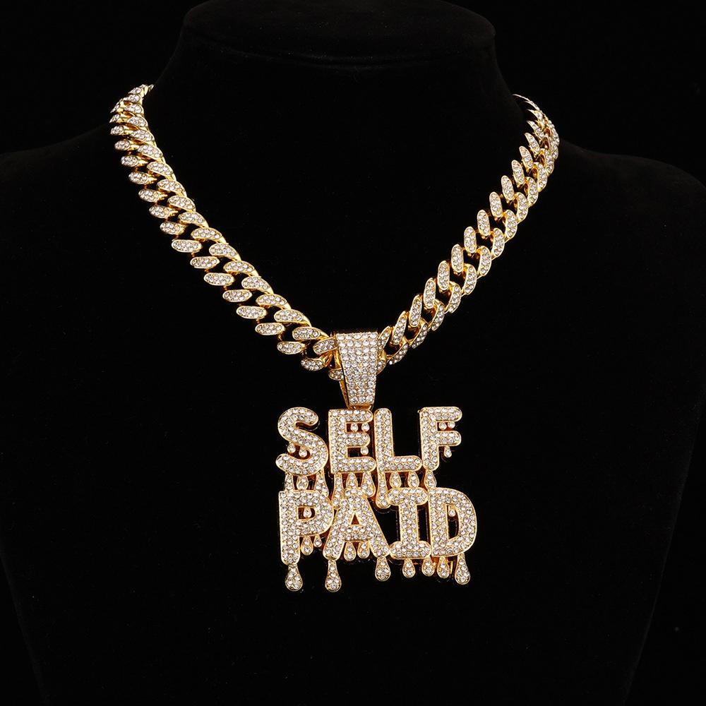 Men's Hip Hop Letter SELF PAID Pendant Necklace With 13mm Cuban Chain HipHop Iced Out Bling Necklaces Fashion Charm Jewelry Gift