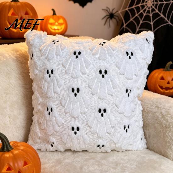 Soft Plush Decorative Cushion Cases Halloween Ghost Cover, Fuzzy Throw Pillow 18x18 Inch Seasonal Bedroom Accessories Washable Case for Sofa