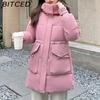 BITCED Plus Size Women's Mid-Length Winter Coat with Waist-Defining Hood, Oversized Pockets and Thickened Quilted Lining
