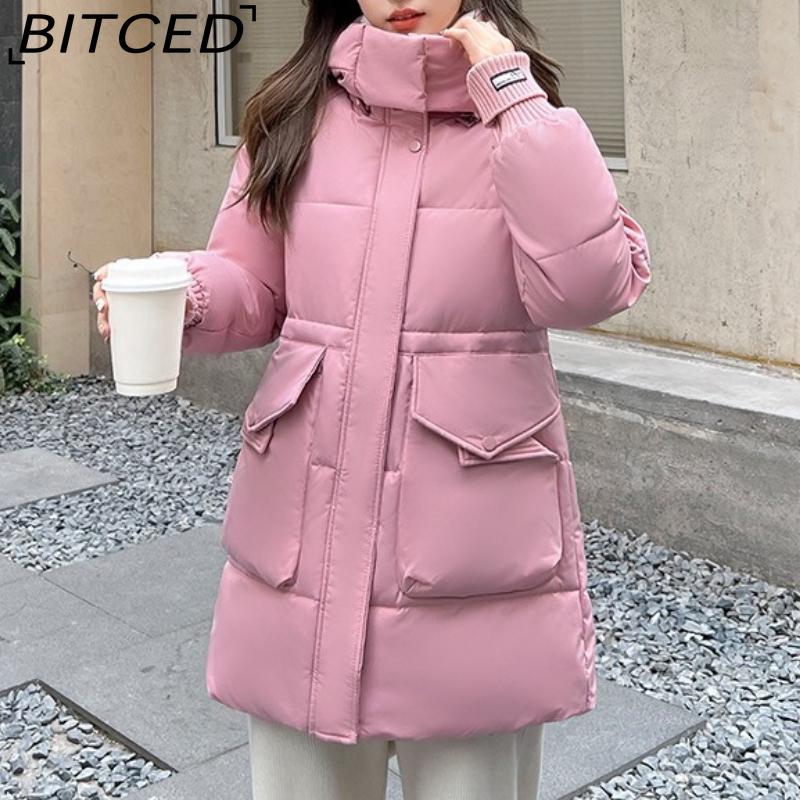 BITCED Plus Size Women's Mid-Length Winter Coat with Waist-Defining Hood, Oversized Pockets and Thickened Quilted Lining