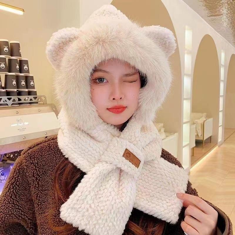 Hat and Scarf Integrated Women's Winter Versatile Cute Plush Hat Warm Plush Thickened Antifreeze and Windproof Hooded Scarf