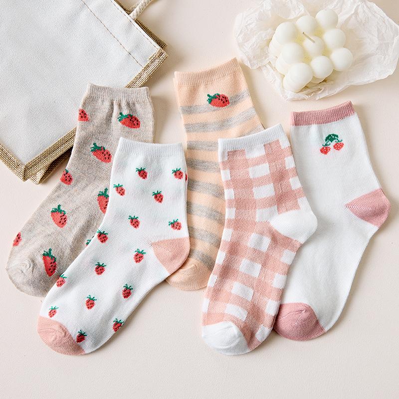 5Pairs Women Cotton Socks Cute Print Princess Two-dimensional Fashion Socks Striped Plaid Ladies Spring Summer Socks