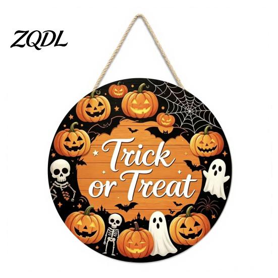 Wall Hanging Props for Halloween Wooden Trick or Treat Door Hanger, Pumpkin Ghost Bat Spider Web Welcome Classic Signs Sign with Jute Rope, Farmhouse