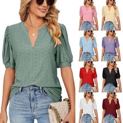 Женская футболка с коротким рукавом, летние повседневные однотонные свободные топы с V-образным вырезом и ажурными буфами