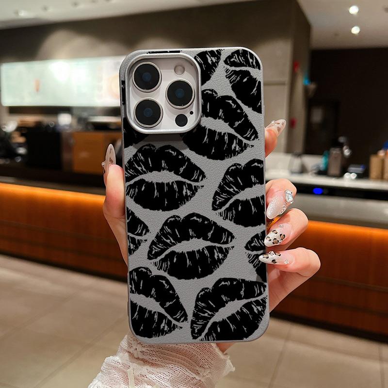 Кожаный чехол с текстурой черного цвета и узором в виде полых губ для iPhone 16 15 Pro 14 Plus 13 12 11 Pro Max Xs Xr 8 7 Plus, ударопрочный, мягкий, из ТПУ, тонкий чехол