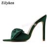 Eilyken Summer Silk Butterfly-knot Mule High Heels Slippers Sandals Flip Flops Pointed Toe Strappy Slides Party Women Slippers Shoes