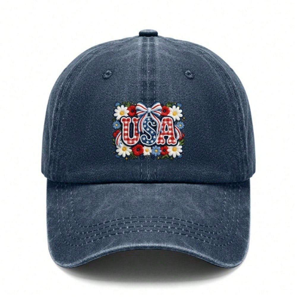 [Vintage USA Baseball Cap] Adult Unisex "USA" Floral Print Adjustable Sun Cap Breathable Curved Brim Streetwear Baseball Hat For Patriotic Holidays &