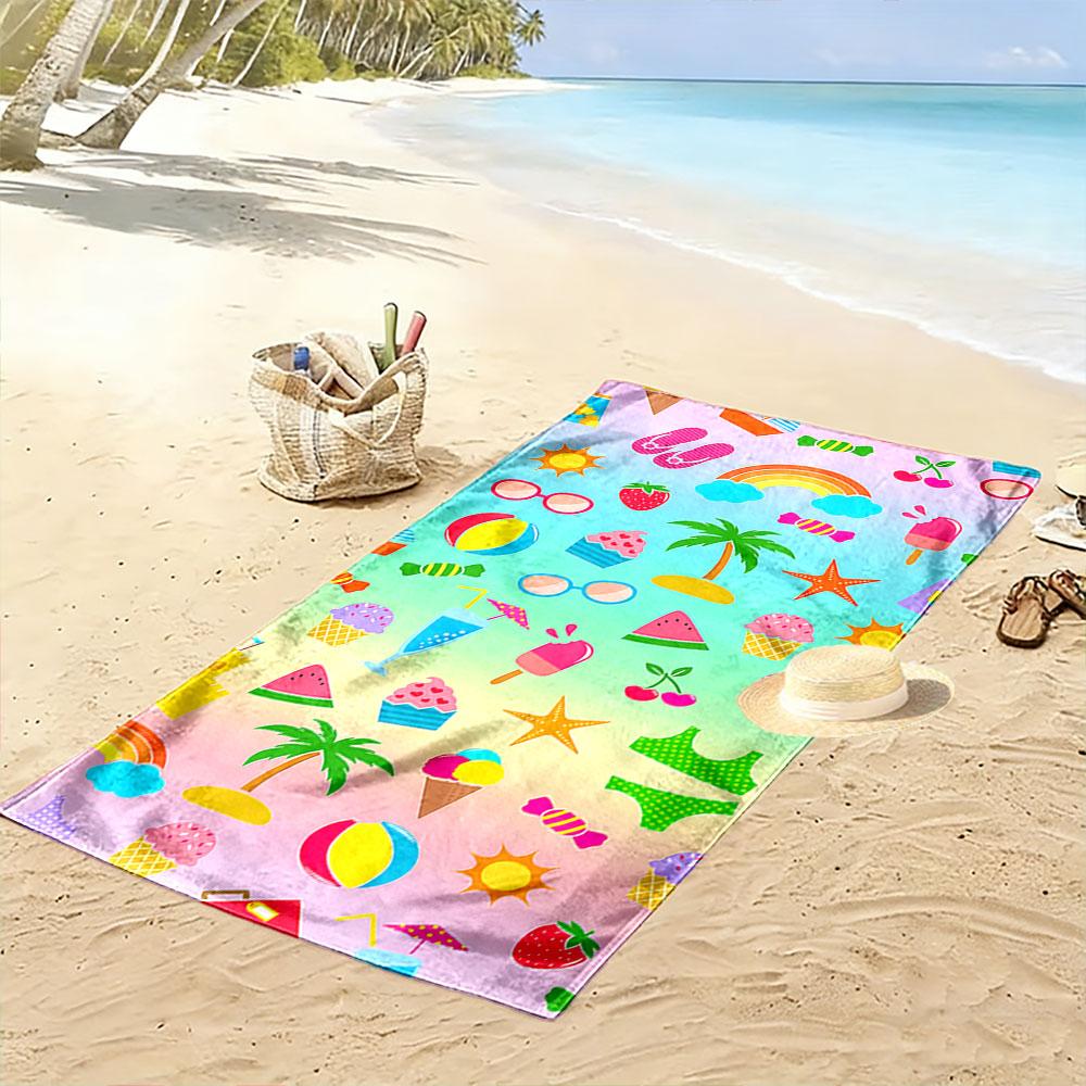 Colorful Summer Vacation Icons Beach Towel Quick-drying for Travel Outdoor Sports Jogging Beach and Swimming