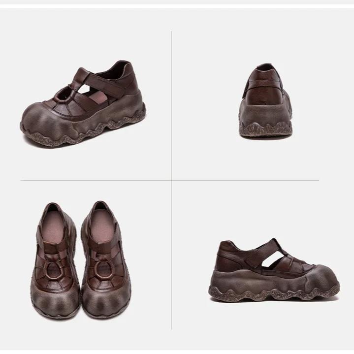 Johnature Thick Soled Retro Anti Slip Women's Flat Shoes Genuine Leather Versatile Roman Sandals