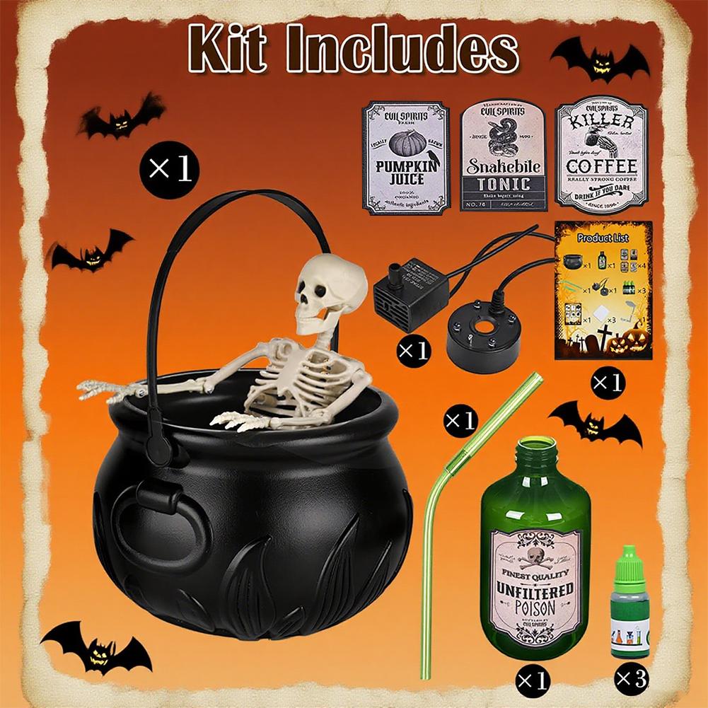 Spooky Witch Mist Maker Cauldron with Floating Bottle Plastic Cauldron & Skeleton Halloween Decor Cauldron Horror House Decor
