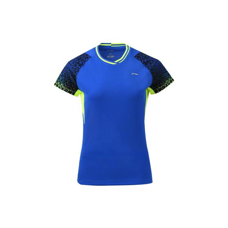 Li Ning Badminton Series быстросохнущий дышащий тренировочный спортивный комплект с коротким рукавом и юбкой для соревнований женские топы кристально-голубого цвета AATQ028-1