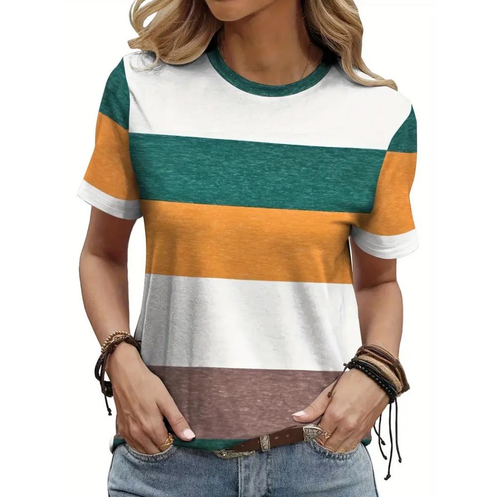 Fashion Women's T-Shirt Stripe Splicing Woman T-Shirt Summer Round Neck Short Sleeve Tops Loose Casual Loose Oversize Clothing