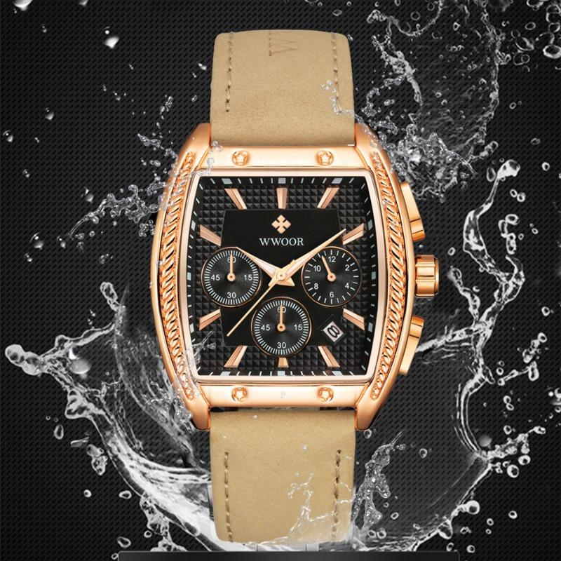 WWOOR Модные квадратные мужские часы с ремнем Кварцевый механизм Премиум водонепроницаемые мужские часы
