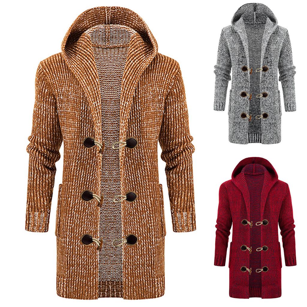 Men's Solid Color Knitted Coat Hooded Long Windbreaker Button Cardigan Medium Length Sweater