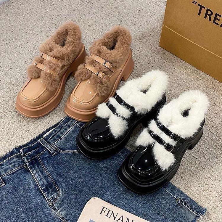 Теплые туфли-лодочки на высоком каблуке в британском стиле женские 2024 новые зимние бархатные в стиле принцессы темпераментный толстый каблук маленькие кожаные туфли хлопковые туфли