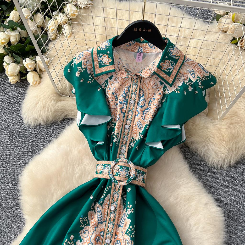 Chic Slim Single Breasted Elegant Sashes Print Vintage Dress Elegant High Street Korean Evening Dress