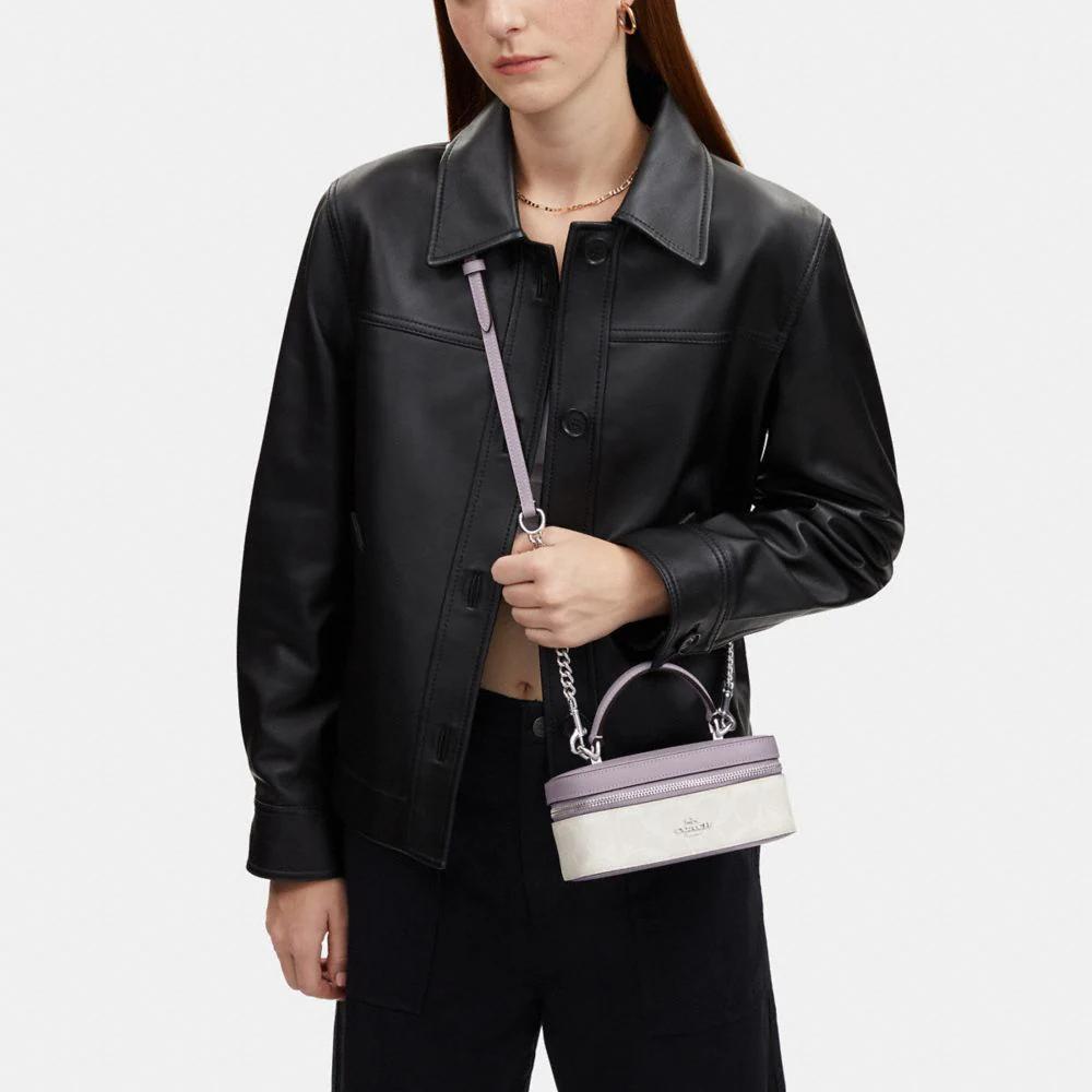 New COACH Canvas With Leather Box Bag, Handbag, Shoulder Bag, Crossbody Bag Trumpets Women's White & Purple CJ522-SVVVJ