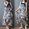 2025 Summer New Ruffle Leaf Edge Loose Chiffon Printed Denim Design Strap Medium and Long Dress