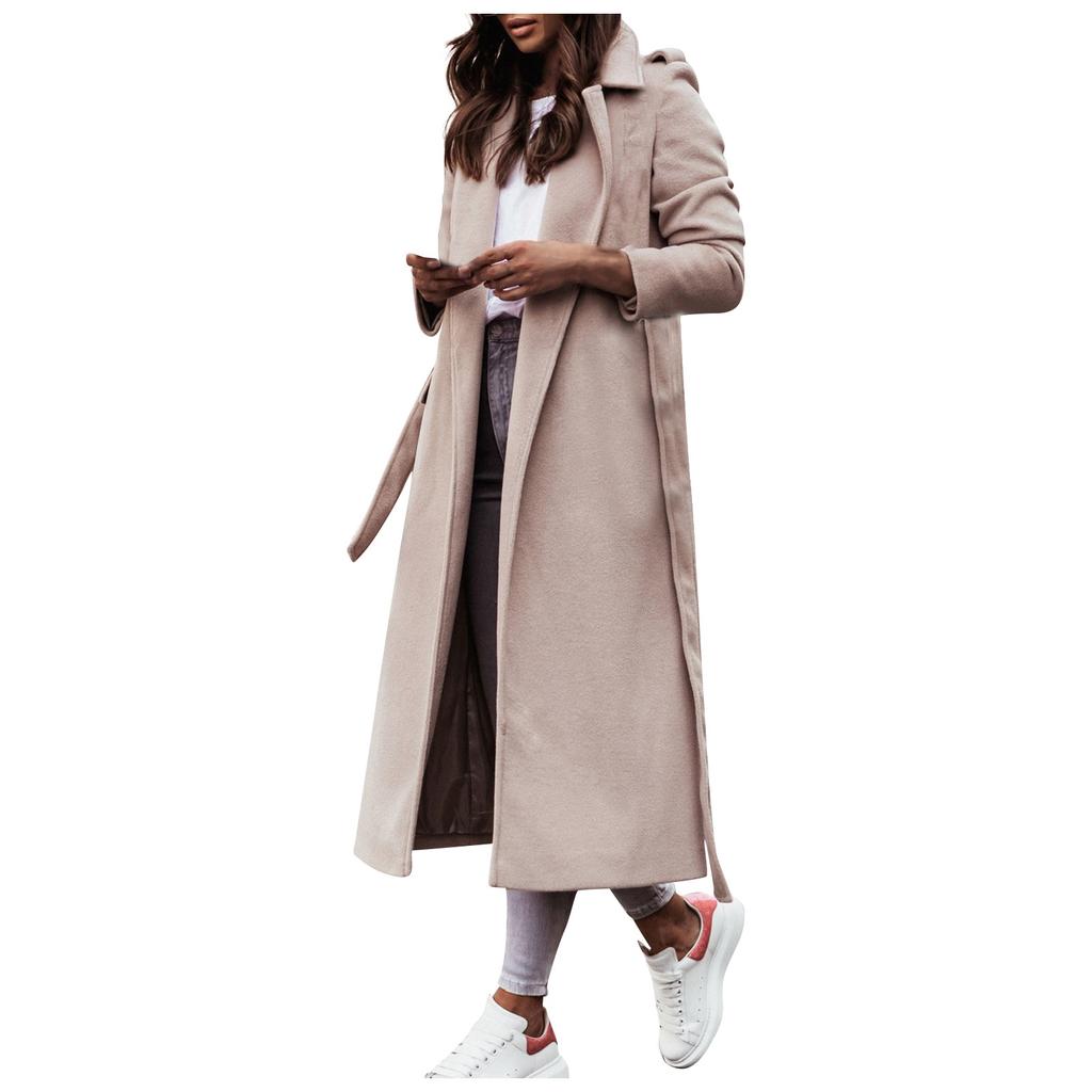 Women's Fashion Warm Winter Long Sleeve Solid V-neck Bandage Wool Coat