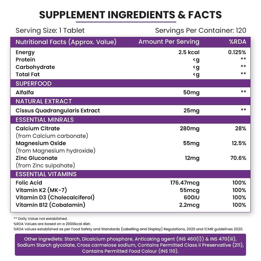 Vlado’s Himalayan Organics Alfalfa Calcium Tablets With Vitamin D3 K2 Magnesium Zinc For Bone Joint Muscle Support 120 Tablets