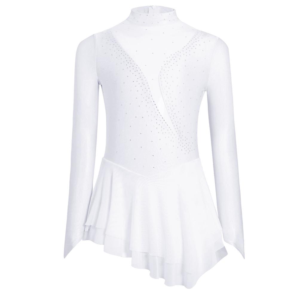 Girls Figure Skating Dress Sheer Mesh Patchwork Glittery Rhinestones Long Sleeve