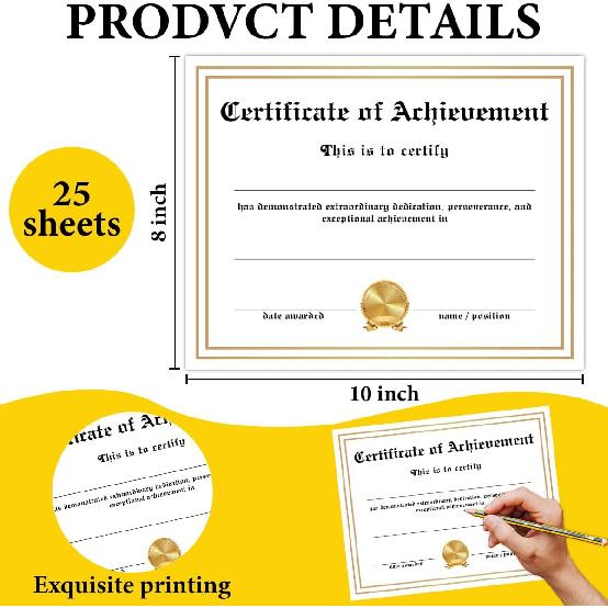 25 PCS Certificate of Achievement Professional, Certificate of Recognition Completion, Award Certificate Paper for School Students Teachers