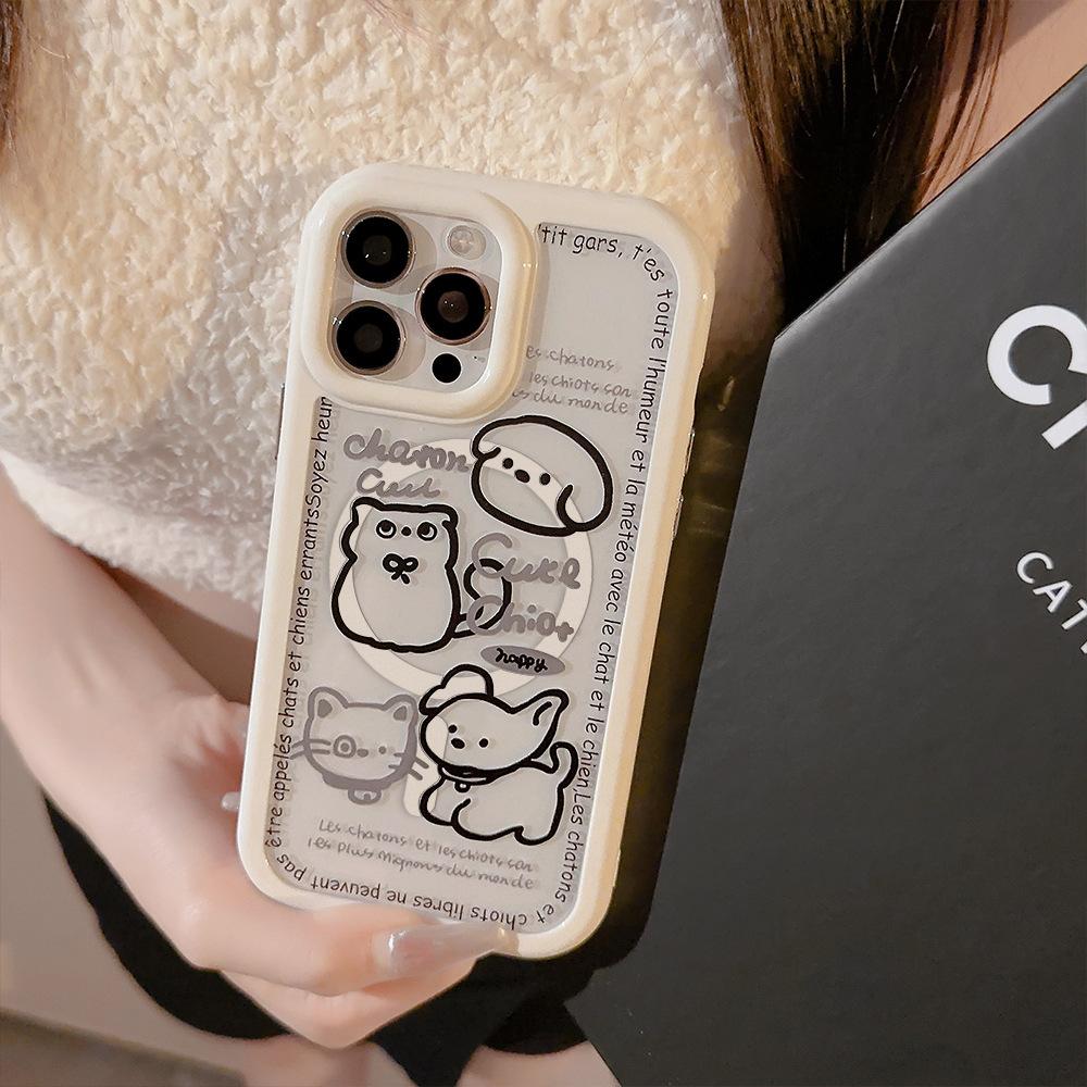Simple Cartoon Cat and Dog Suitable for IPhone16 Mobile Phone Case 15 Mobile Phone Case IPhone13 Magnetic Suction 12 Anti-fall 14 Hard