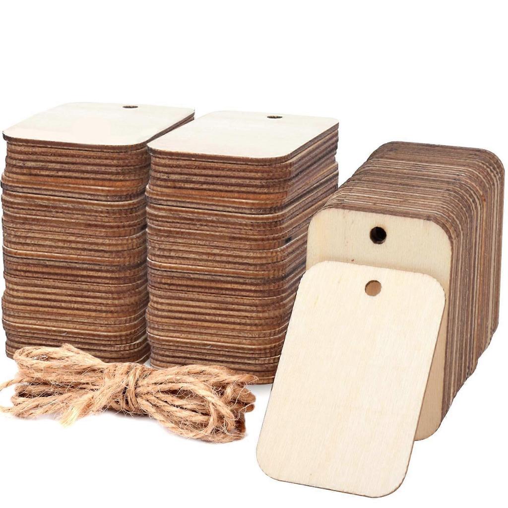 100 Pcs Unfinished Wood Pieces Rectangle-Shaped, Light Wooden Cutout Natural Rustic with Hole (2.04 x 1.37)