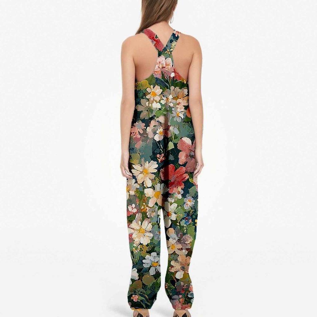 Женский комбинезон с цветочным принтом, повседневный свободный комбинезон из хлопка и льна