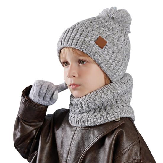 Kids Winter Hat Gloves Scarf Set Girls Boys Knit Hat with Pom Neck Warmer Mittens Set Toddlers Cold Weather Accessories for Kids 4-10 Years