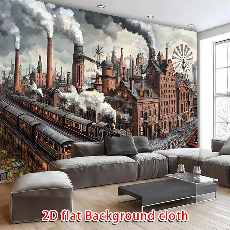 1pc Industrial Revolution Theme Party Decoration Banner, Brick Factory Buildings with Smoking Chimneys and Steam Train Design, for Wedding Birthday