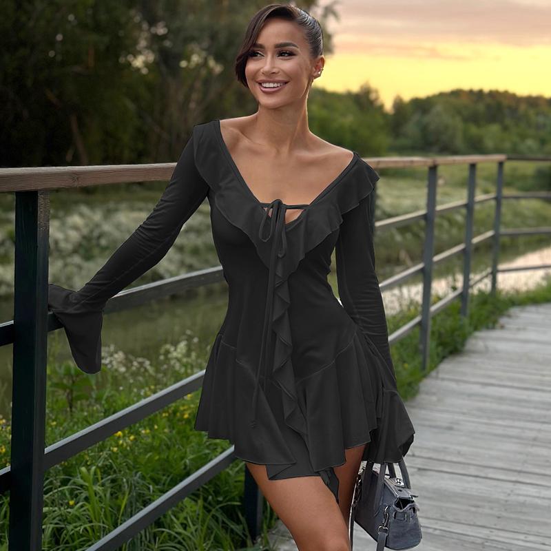 Женское платье с длинным рукавом и оборками, летнее облегающее мини-платье с высокой талией и V-образным вырезом, модное белое платье с открытой спиной и шнуровкой, одежда для отпуска