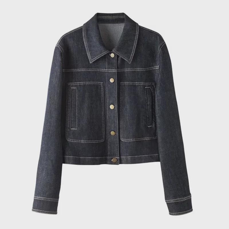 Женская джинсовая куртка темно-синего цвета, в стиле рабочей одежды, в осеннем корейском стиле, с повседневным дизайном карманов, облегающий крой.
