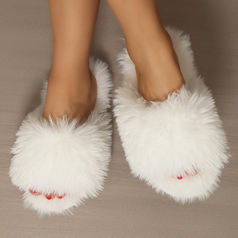 Женские пушистые зимние тапочки, однотонные мягкие туфли на плоской подошве с открытым носком, уютные и теплые домашние тапочки