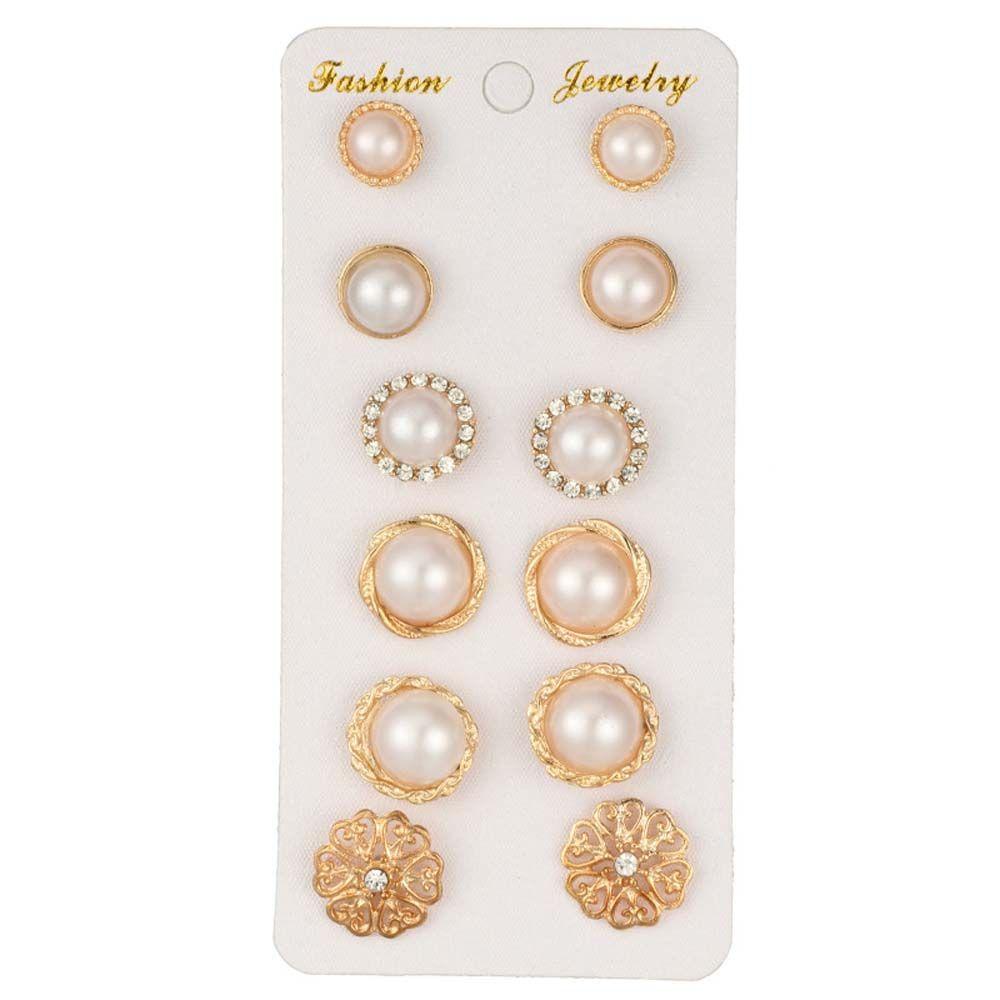 Simulated Pearl Gold Color 6 Pair/Lot Hollow Round Stud Earrings Jewelry Earring Sets Accessories