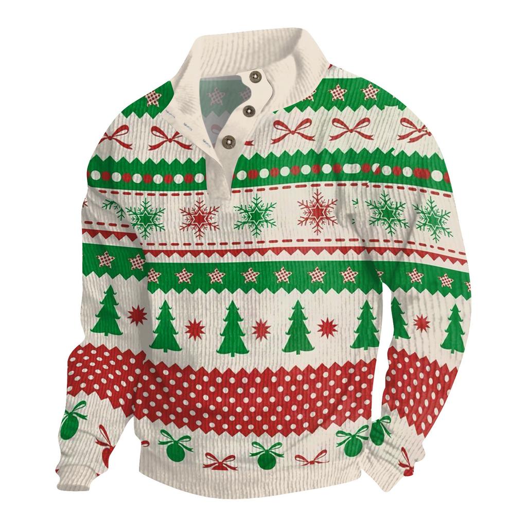 Мужская рождественская хлопковая рубашка-пуловер с длинным рукавом для активного отдыха, винтажная вельветовая рубашка с воротником-стойкой и пуговицами, повседневная толстовка с рождественским принтом