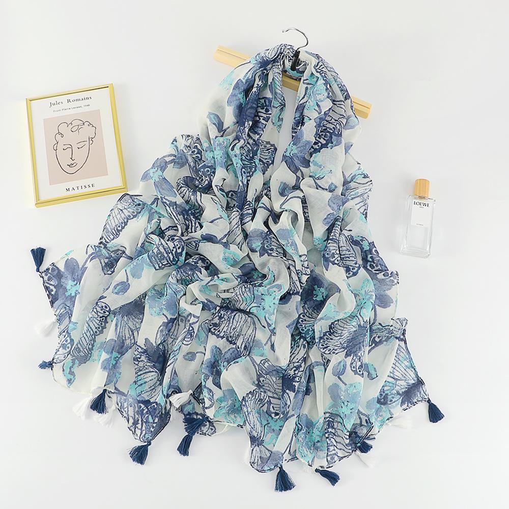 Осенне-зимняя шаль с принтом бабочек: Теплый шарф из хлопка и льна в стиле живописи тушью для путешествий или пляжа